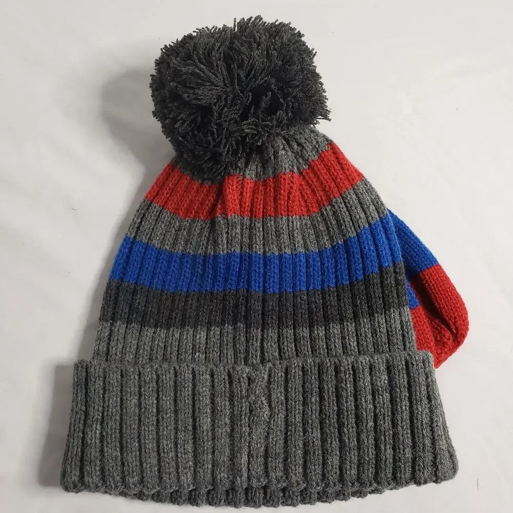 West Loop Kids One‎ Size Winter Hat & Glove Set Gray Blue Red Stripe Neutral New